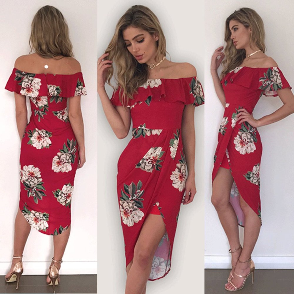 Off Shoulder Short Sleeve Boho Floral Red Dress